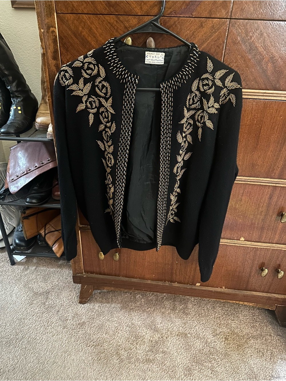 🖤 Vintage Black Cardigan Sweater 🖤 M/L Leaf Floral Beading  50s 60s 🖤